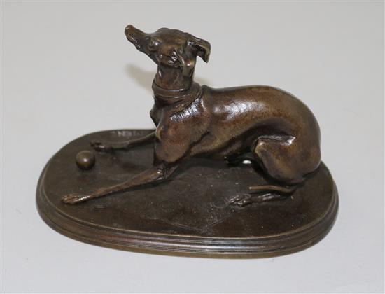 After P.J.Mene. A bronze model of the whippet Juno, 6in.